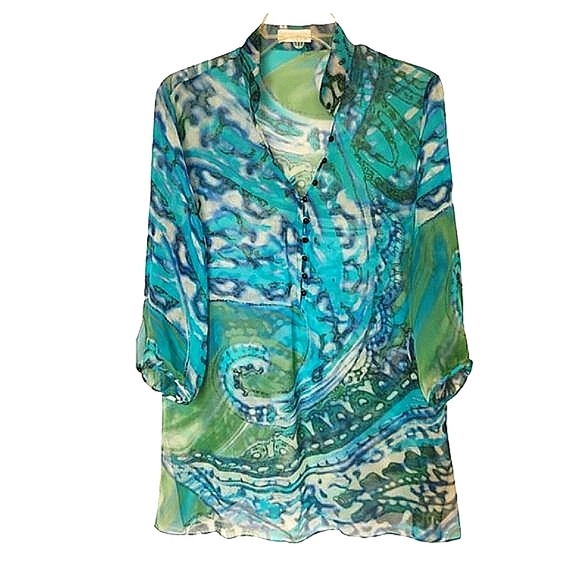 Ocean Wash Blue Green Silk Batik Fabric Top - Picture 8 of 16